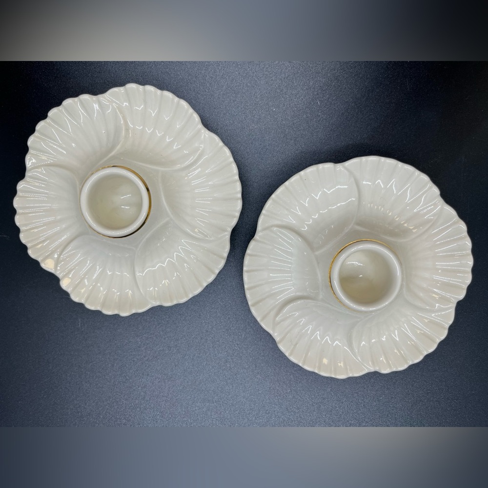 🐚 Lenox Aegean Cream Seashell Scalloped Taper Candle Holder Set Coastal